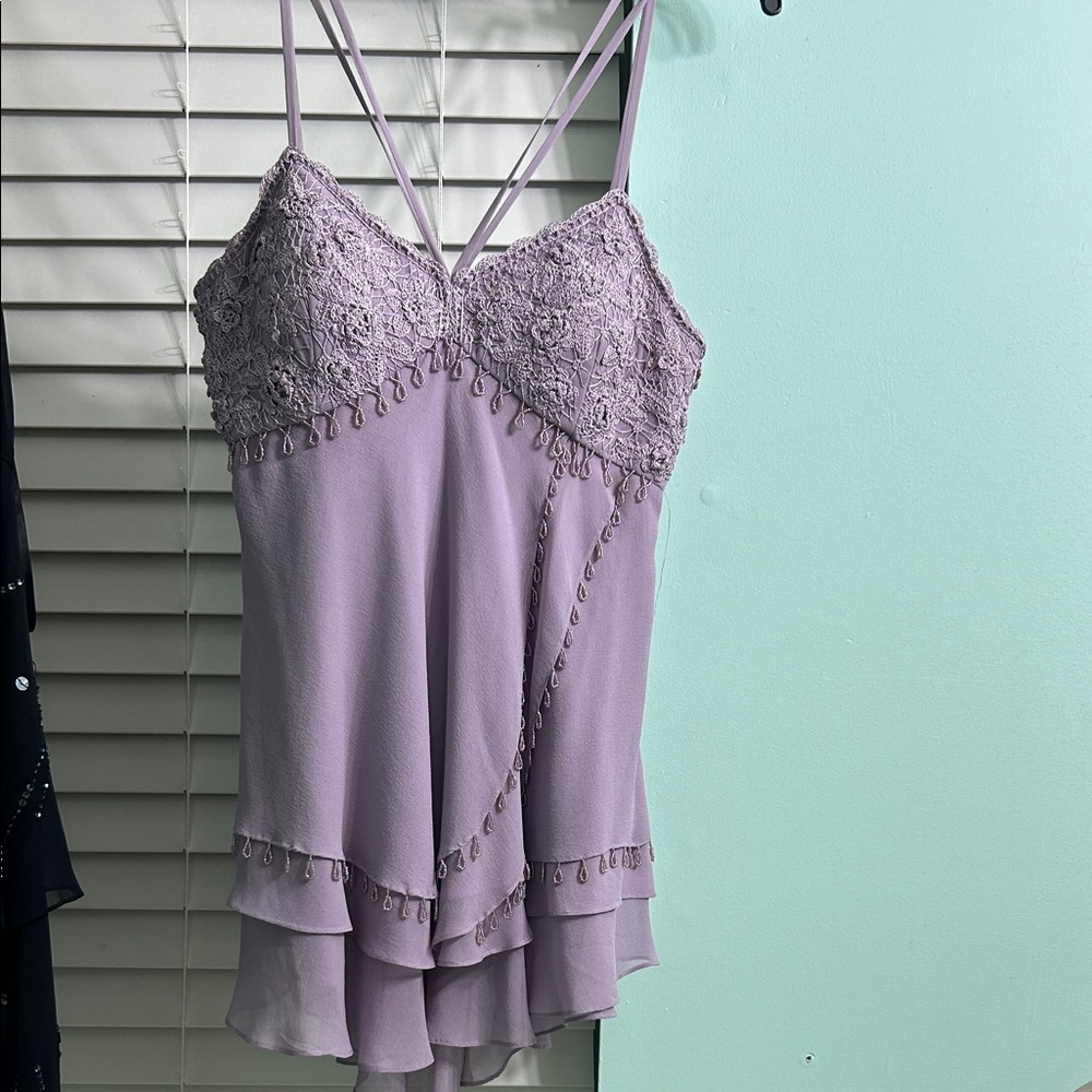 Sue Wong silk lilac beaded crochet halter. Fully lined 100% silk Medium. Y2K